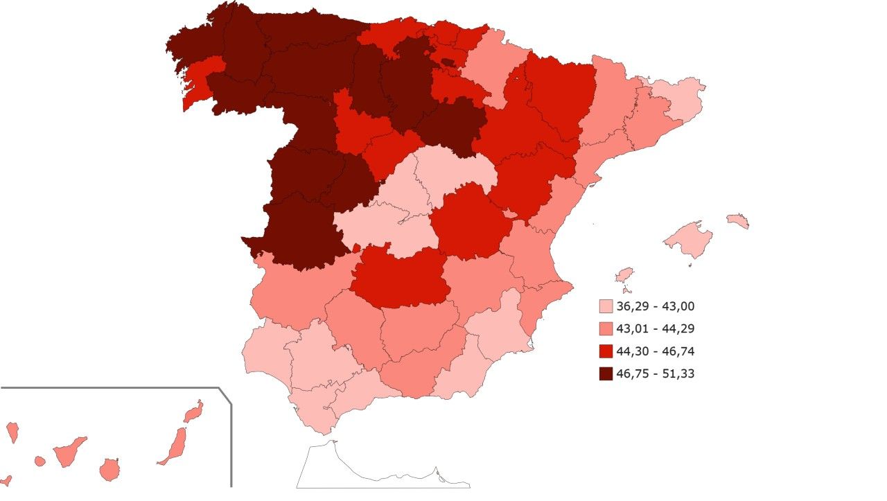 El mapa de España con la edad media por provincias