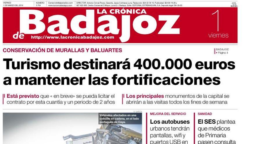 Esta es la portada de LA CRÓNICA DE BADAJOZ correspondiente al día 1 de marzo del 2019