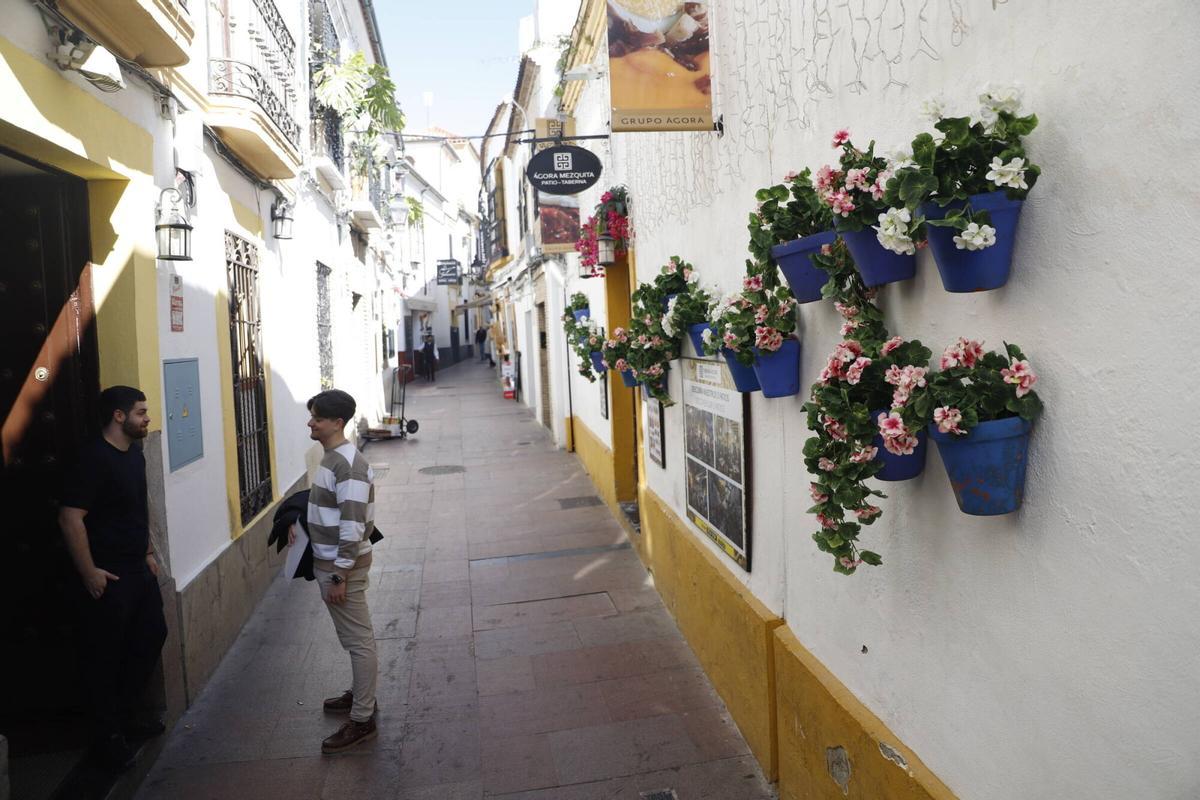 Macetas con flores de plástico en la calle Céspedes, en el casco histórico de Córdoba.