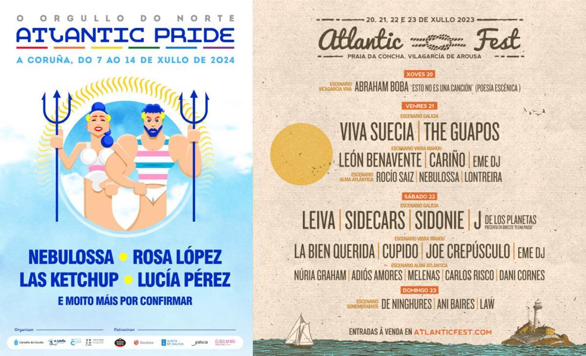 Carteles de dos festivales gallegos:  Atlantic Pride 2024 y Atlantic Fest 2023