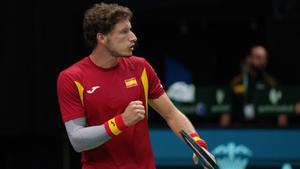 15/09/2024 Pablo Carreno Busta of Spain reacts against Jordan Thompson of Australia during the Davis Cup 2024, Group B, tennis match played between Australia and Spain at Fuente de San Luis on September 15, 2024, in Valencia, Spain. DEPORTES Alvaro Diaz / AFP7 / Europa Press