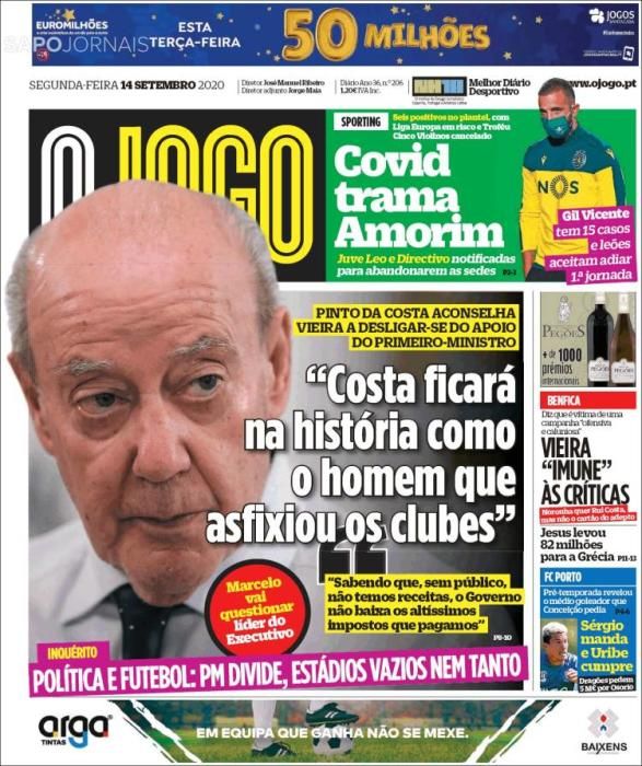 Portada O JOGO lunes 14 septiembre 2020