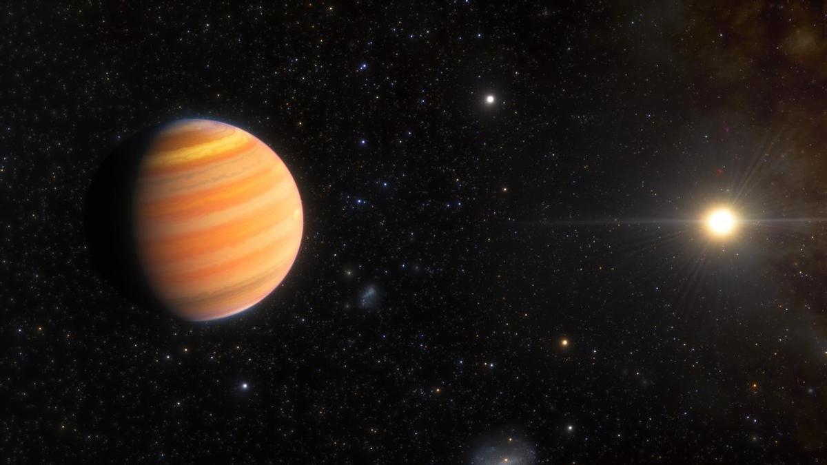 Representación artística de TIC 241249530 b, un exoplaneta que está en proceso de convertirse en un júpiter caliente.