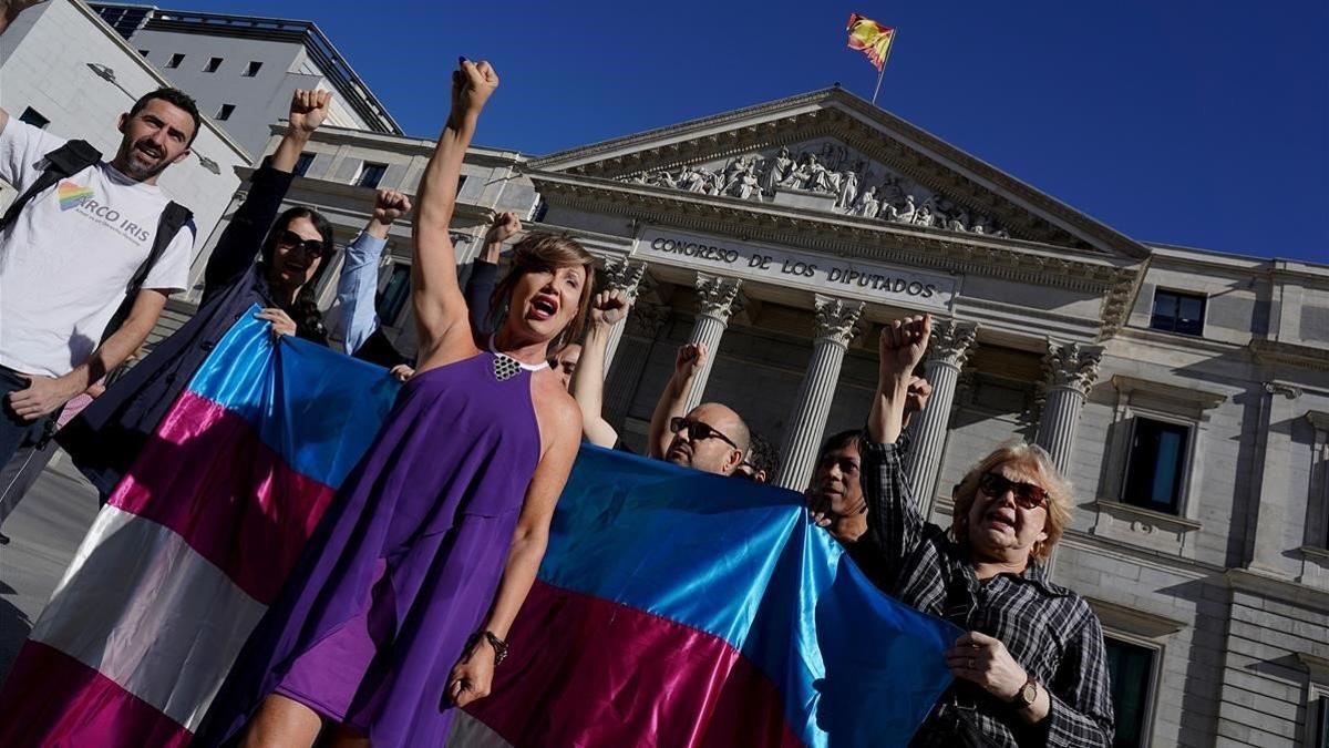 Anuncio de huelga de hambre de activistas trans y madres de menores trans  Delante escaleras del Congreso de los Diputado