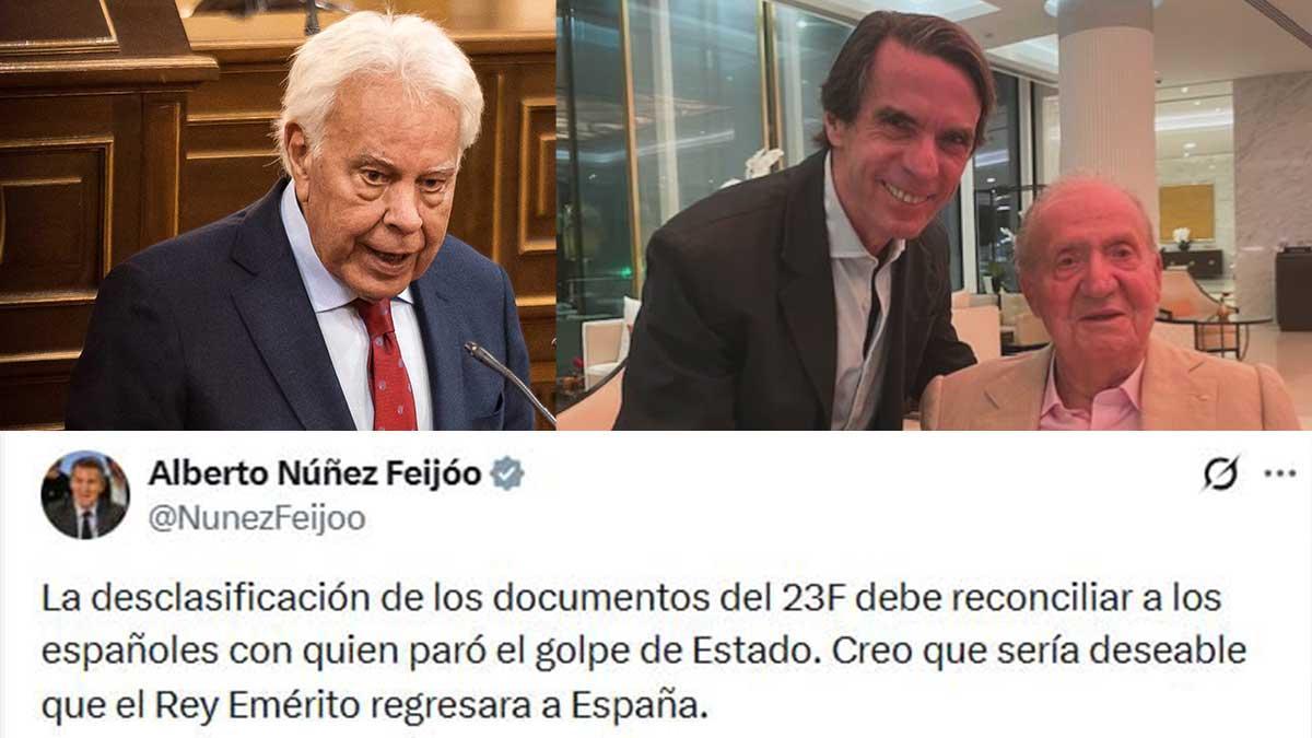 Felipe González en el Senado loando la figura de Juan Carlos I, José María Aznar con el Emérito y tuit de Feijóo pidiendo su regreso a España.