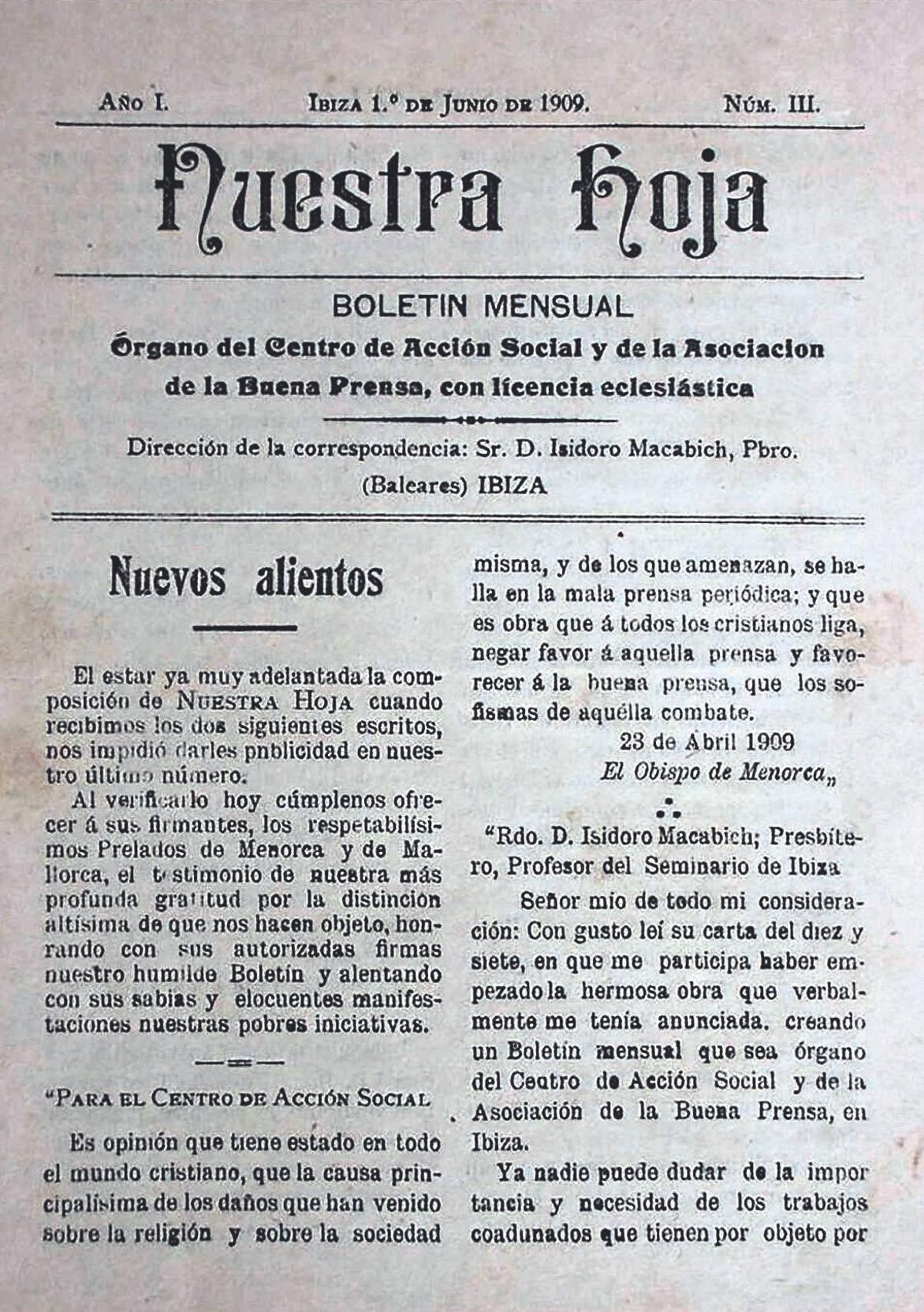 Portada del número 3 de Nuestra Hoja, que era el portaveu del Centre d’Acció Social i de l’Associació de la Bona Premsa, dirigida per Isidor Macabich.