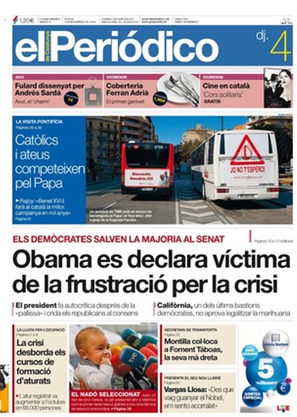 A més dels temes que mostra a la portada, EL PERIÓDICO també destaca a dins que el fiscal encercla la xarxa que connectava Millet i CDC; que Sistach rebat Rouco i avala que l’Església cristiana existeix; que la cita prèvia en estrangeria que es demana a Barcelona deixa immigrants sense opció de retorn; que la teleassistència municipal barcelonina prova un aparell per a sords; que la Fed llança un pla d’estímul monetari de 425.000 milions d’euros als Estats Units; que el PIB anual català deixa de caure per primera vegada en gairebé dos anys; una entrevista a Miguel Ríos; l’entrega de les medalles al Mèrit a les Belles Arts i els distingits amb els premis Ondas 2010, que s’entregaran el 19 de novembre.