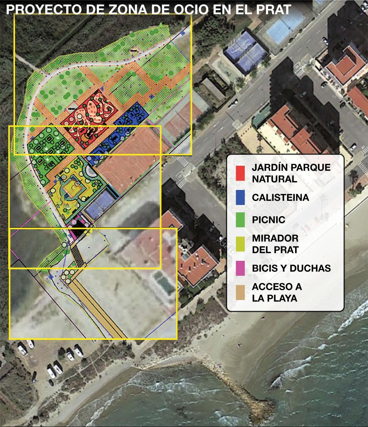 Mapa de la ubicación de los diferentes espacios de la zona de ocio del Prat.