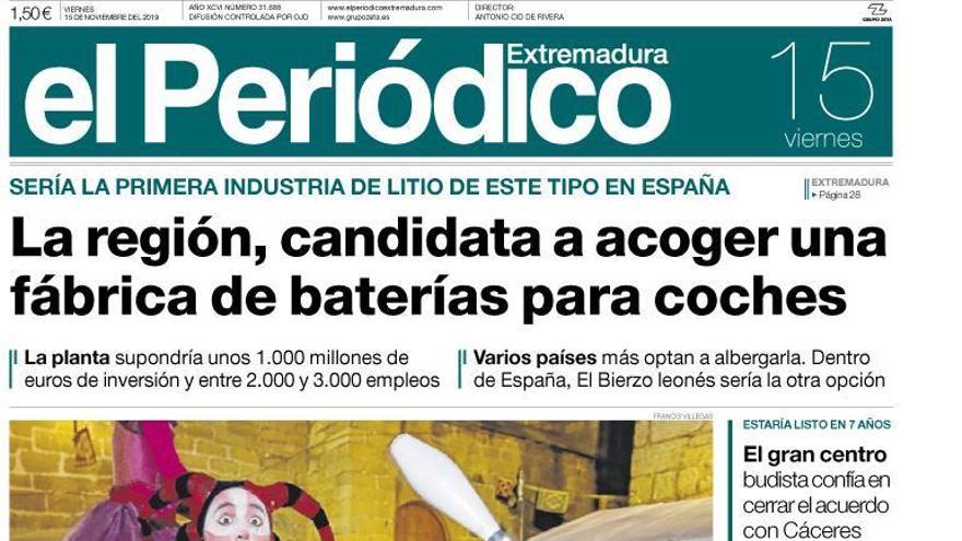 Esta es la portada de EL PERIÓDICO EXTREMADURA correspondiente al día 15 de noviembre del 2019