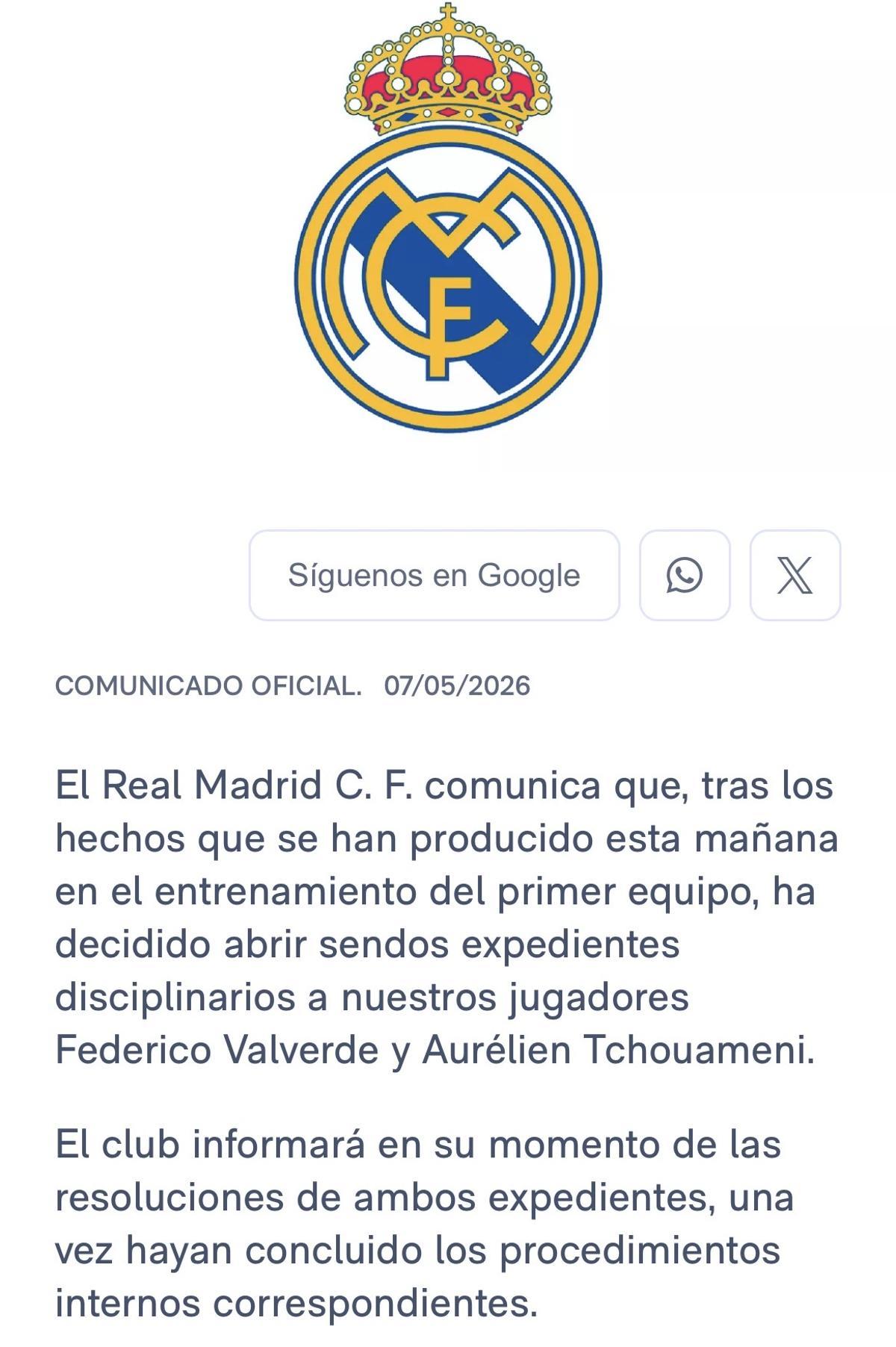 Comunicado oficial del Real Madrid C.F.