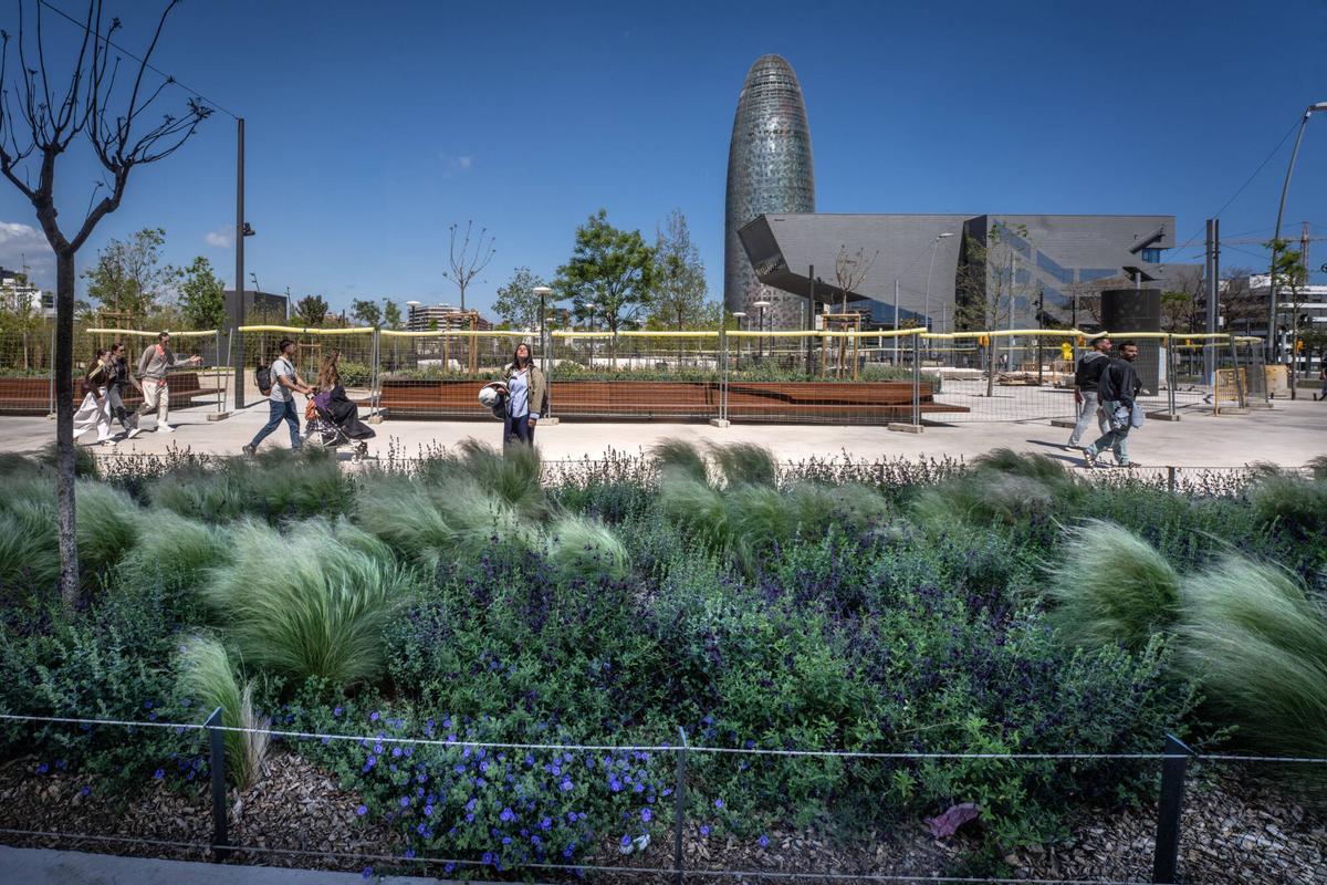 Un frondoso parterre, con la Torre Glòries y el DHub al fondo.