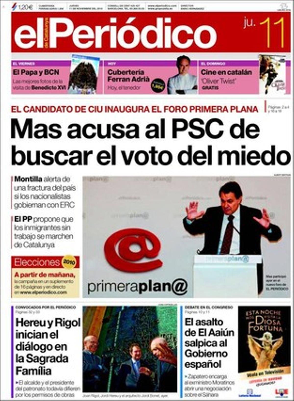 EL PERIÓDICO també destaca a les pàgines interiors que CiU anul·larà el codi ètic dels Mossos si arriba a la Generalitat i que els sindicats acusen Saura d’actuar amb fins electorals; que la Conselleria d’Educació rectifica i restableix la jornada intensiva del juny, que dimiteix en bloc la directiva de la Federació d’Associacions de Veïns de Barcelona; que la Síndica de Barcelona atendrà les queixes per tràmits de llicències; que el G-20 busca una sortida diplomàtica per frenar la guerra de divises; que la Generalitat abanderarà les reclamacions del cànon digital; que els ports espanyols rebaixen les taxes per la rivalitat marroquina; les victòries del Barça i del Madrid a la Copa i l’enigma del Palau: els socis blaugrana no hi van; una entrevista a Eva Mendes, i la peculiar retransmissió que Puyal va fer del Barça-Ceuta.