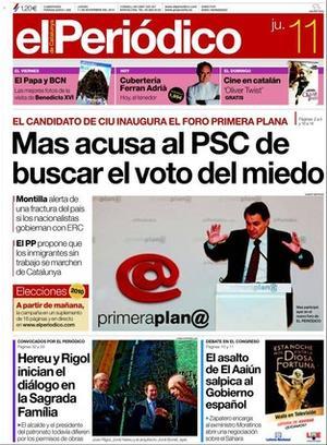 EL PERIÓDICO també destaca a les pàgines interiors que CiU anul·larà el codi ètic dels Mossos si arriba a la Generalitat i que els sindicats acusen Saura d’actuar amb fins electorals; que la Conselleria d’Educació rectifica i restableix la jornada intensiva del juny, que dimiteix en bloc la directiva de la Federació d’Associacions de Veïns de Barcelona; que la Síndica de Barcelona atendrà les queixes per tràmits de llicències; que el G-20 busca una sortida diplomàtica per frenar la guerra de divises; que la Generalitat abanderarà les reclamacions del cànon digital; que els ports espanyols rebaixen les taxes per la rivalitat marroquina; les victòries del Barça i del Madrid a la Copa i l’enigma del Palau: els socis blaugrana no hi van; una entrevista a Eva Mendes, i la peculiar retransmissió que Puyal va fer del Barça-Ceuta.
