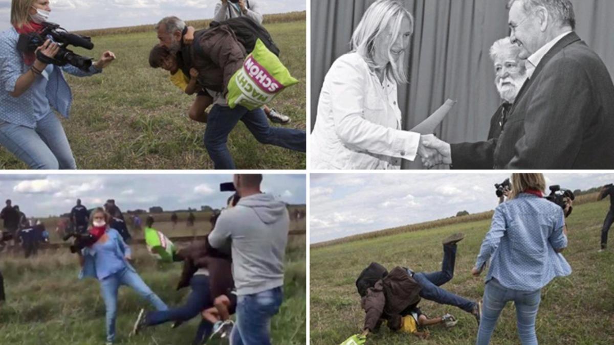 Fotomontaje de Petra Laszlo zancadilleando al refugiado sirio y recogiendo el premio por un documental