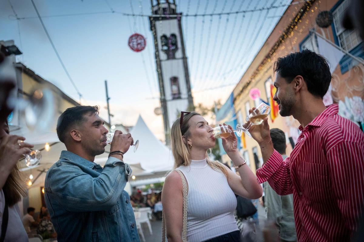 Amigos brindando en la feria del vino