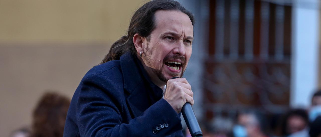 El candidato de Unidas Podemos a la Presidencia de la Comunidad, Pablo Iglesias durante un acto del partido a 23 de abril de 2021 en el distrito de Villaverde, en Madrid (España).