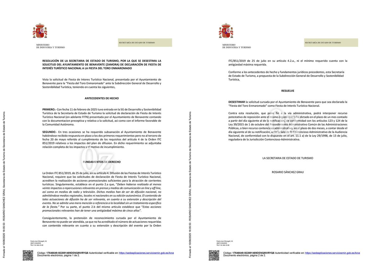 La resolución desestimatoria de la Secretaría de Estado de Turismo.