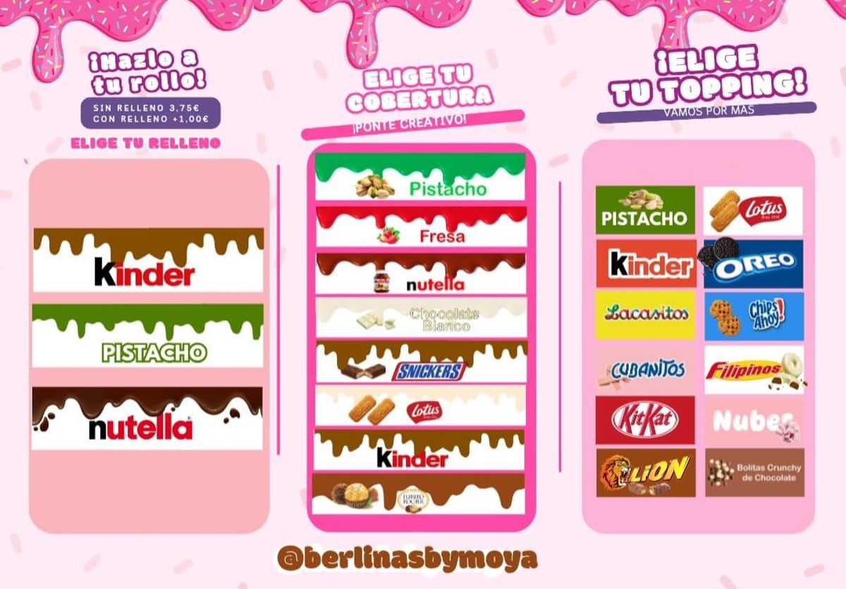 Carta de tipos de relleno y toppings de Berlinas By Moya