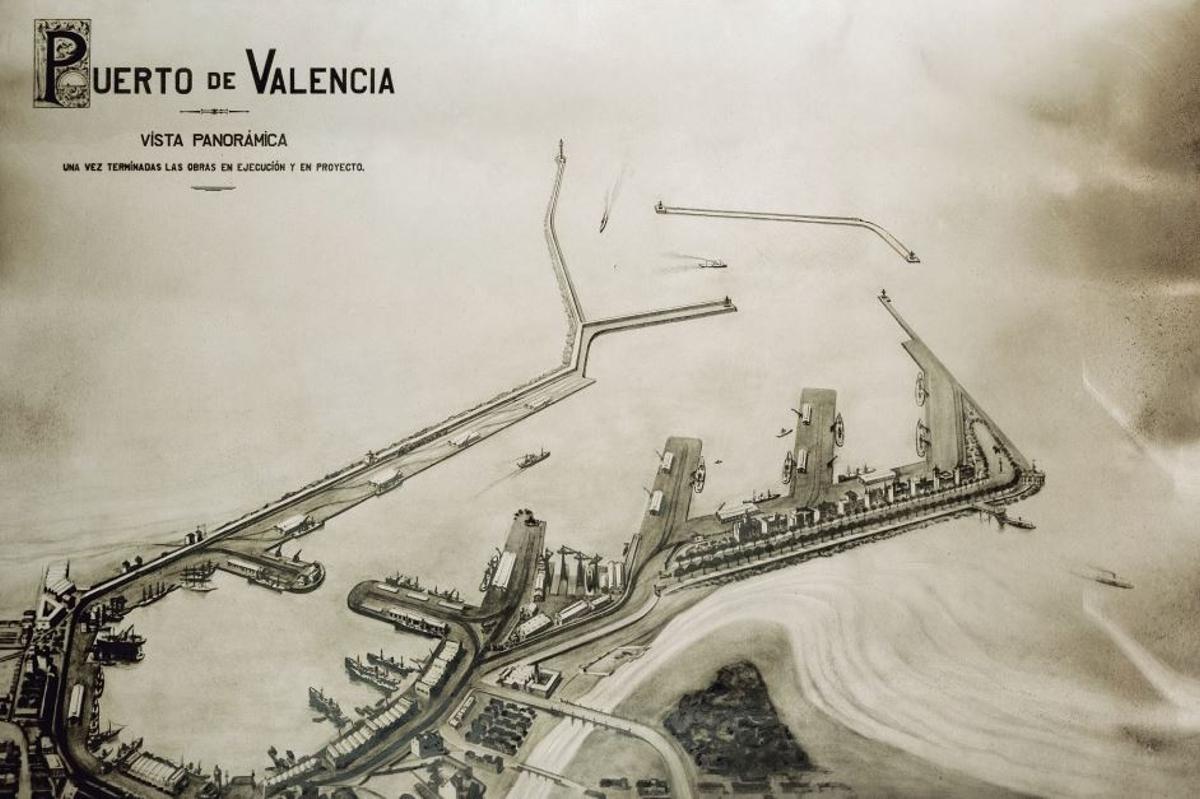 1926. Situación del Puerto de València a principios del siglo XX, ya con los primeros grandes muelles de carga.