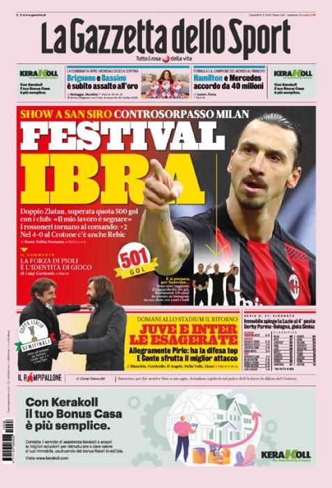 Portada GAZZETTA DELLO SPORT lunes 8 febrero 2021