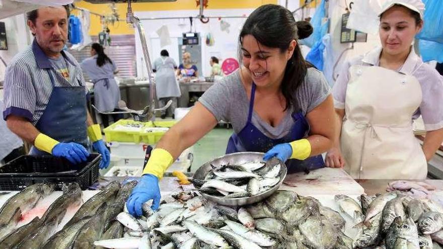 Una pescadera coge sardinas en su puesto en el Mercado do Calvario este verano. // Marta G. Brea