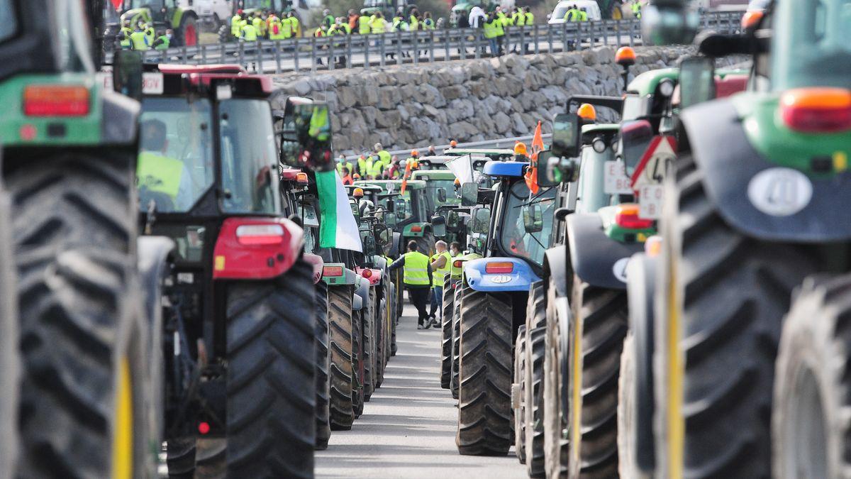 Tractores en la autovía A5 en una protesta de los productores de tabaco el pasado mes de febrero.