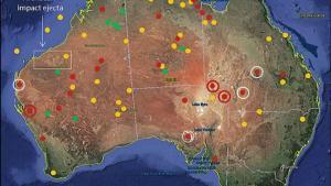 Este mapa muestra la distribución de estructuras circulares de origen de impacto en diferentes zonas del territorio australiano, que estarían relacionadas con el gran impacto acontecido hace 450 millones de años.