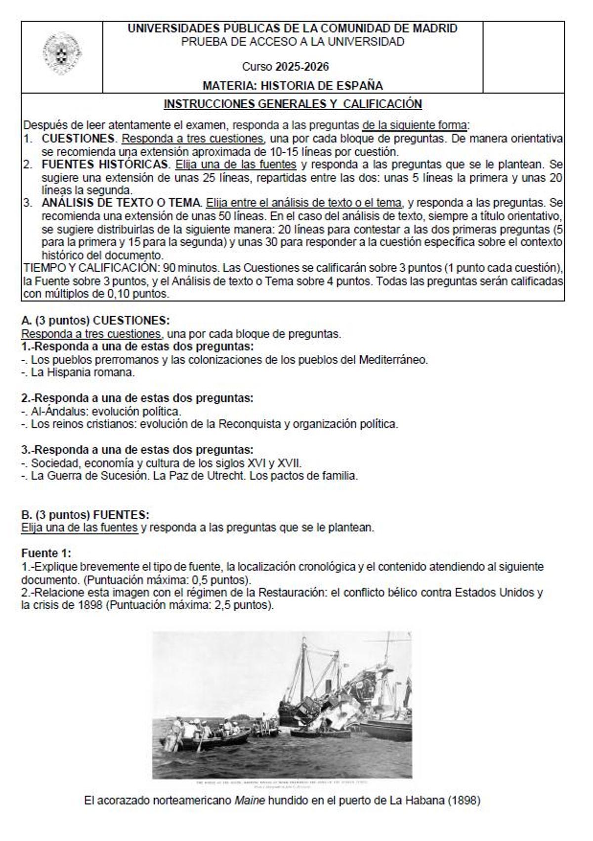 Examen de Historia de España de la PAU de julio de Madrid