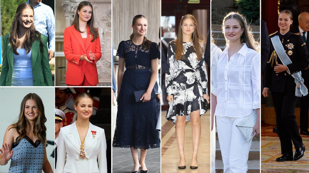 De izquierda a derecha, y por arriba: la Princesa Leonor, en el Palacio Real, el pasado mes de junio, con traje sastre de Roberto Verino; en uno de los actos de la Fundación Princesa de Girona; con un traje a medida de Sastrería Serna; en su versión más sofisticada, con un conjunto lencero de Sfera; con un vestido de Self-Portrait, en la entrega de los premios “Princesa de Girona”; con un vestido de H&M, en el Auditorio de Oviedo; de blanco, uno de sus colores fetiche, en Lloret de Mar; y en el Palacio Real, en la recepción de la Fiesta Nacional, con el uniforme de gala de la Armada.