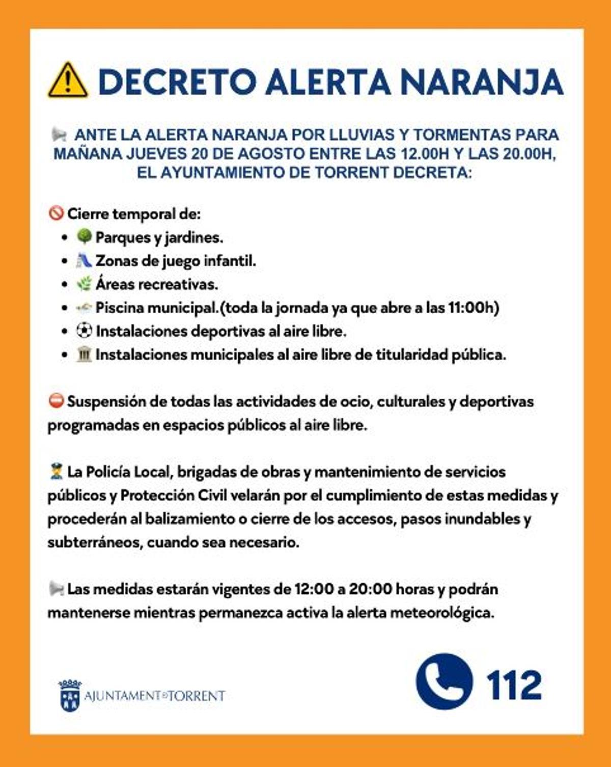Medidas en Torrent ante la alerta por lluviasy tormentas.