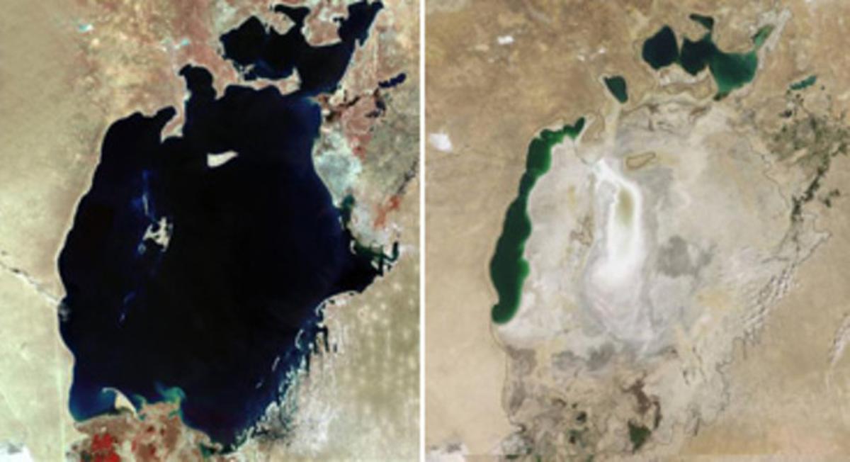 Una imatge del mar d’Aral el 1973 (esquerra) i la mateixa imatge obtinguda aquest estiu.