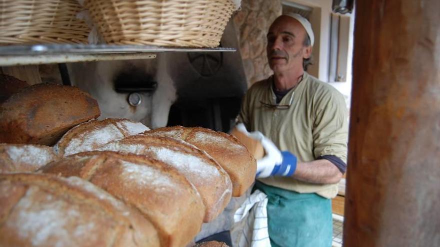 Tomeu Morro ante una apetitosa remesa de pan artesanal recién sacada del horno.