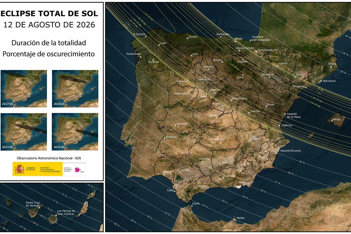 Esta es la trayectoria de qué zonas de España podrán contemplar mejor el eclipse total de Sol del 12 de agosto