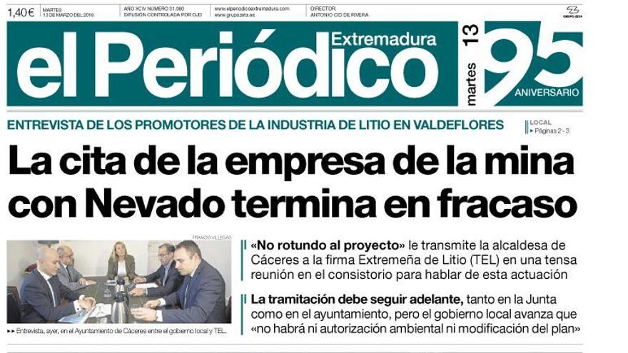 Esta es la portada de EL PERIÓDICO EXTREMADURA correspondiente al día 13 de marzo del 2018