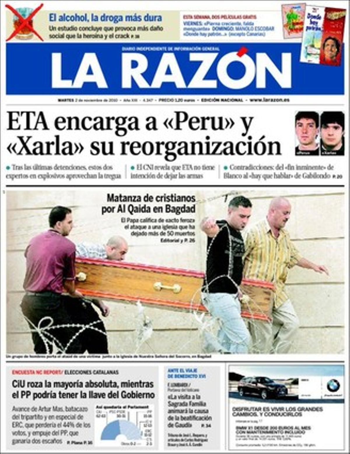 ’La Razón’ també ofereix a dins que la justícia espanyola no aconsegueix baixar dels tres milions d’assumptes pendents; que els Mossos d’Esquadra han frenat 12 matrimonis forçats el 2010, sis dels quals eren de noies menors d’edat; i que la visita del Papa a la Sagrada Família animarà la causa de la beatificació de Gaudí.
