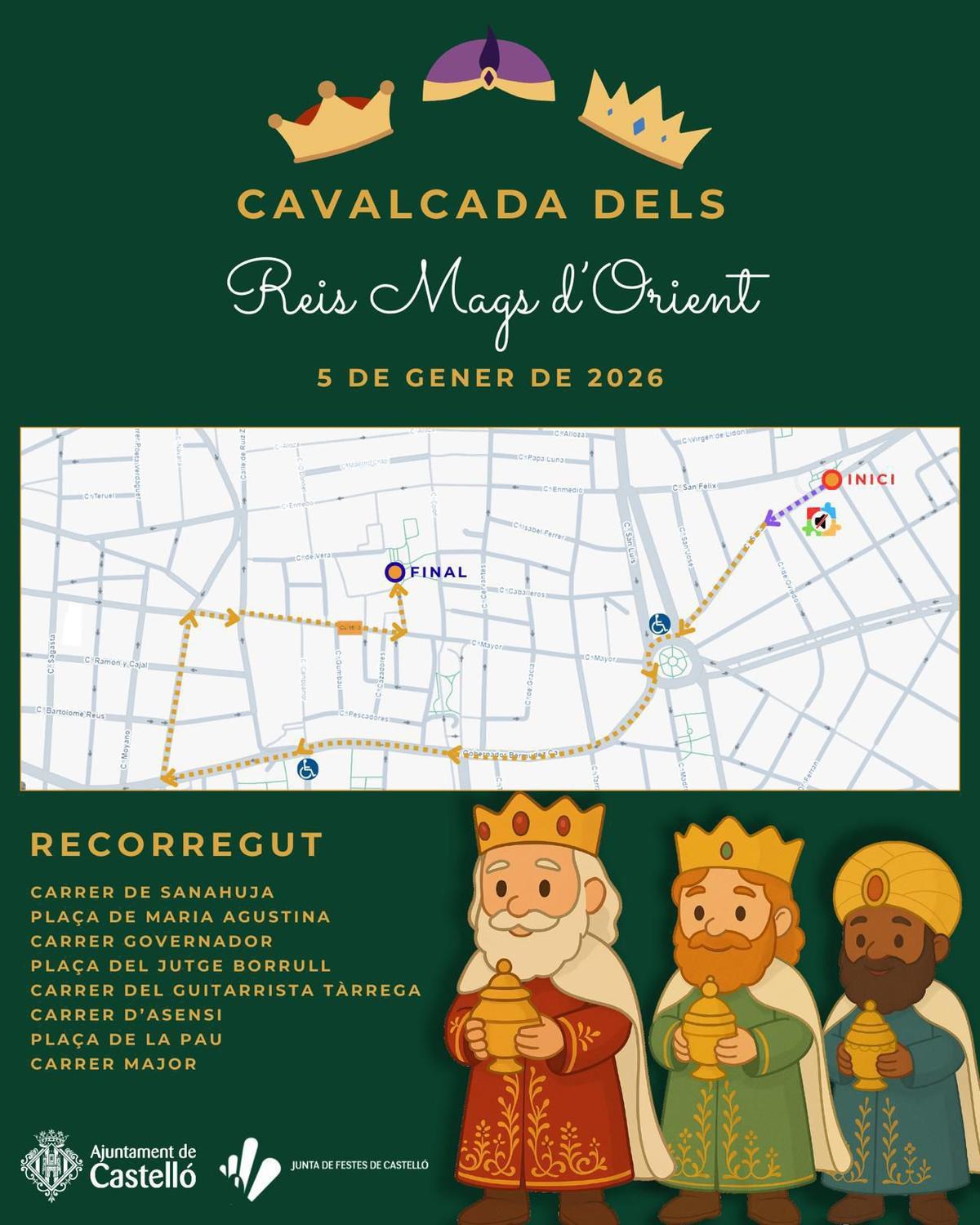 Recorrido de la Cabalgata con los puntos para personas con movilidad reducida y el tramo de la zona en calma (en morado).