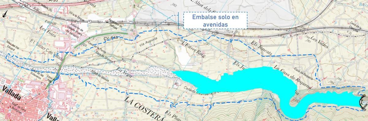 El diseño de la presa de Montesa (el perímetro azul marca hasta donde llegaría el agua si alcanza el nivel máximo de embalse)