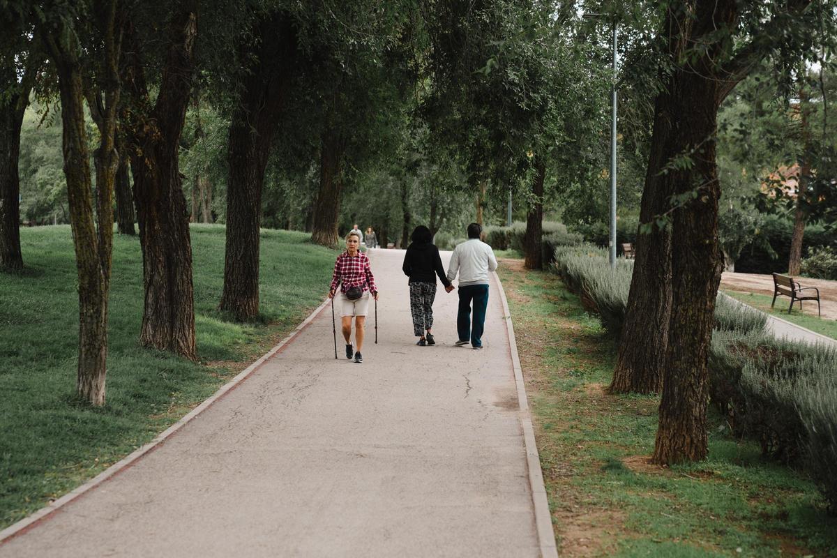Varios vecinos pasean por el bulevar de la Avenida de Almendros que cruza Rivas Vaciamadrid
