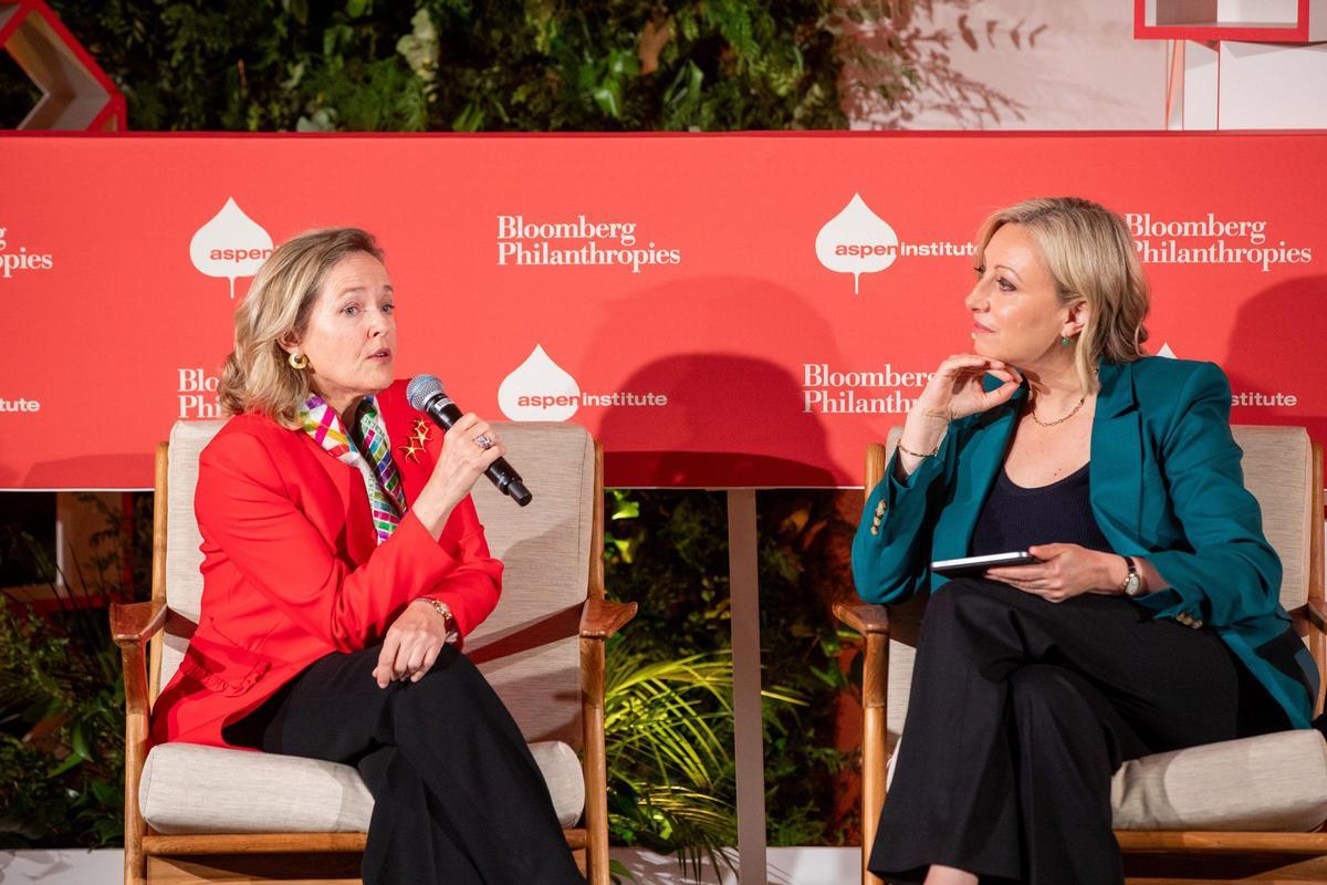 La presidenta del Banco Europeo de Inversiones (BEI), Nadia Calviño, este miércoles en el Bloomberg CityLab