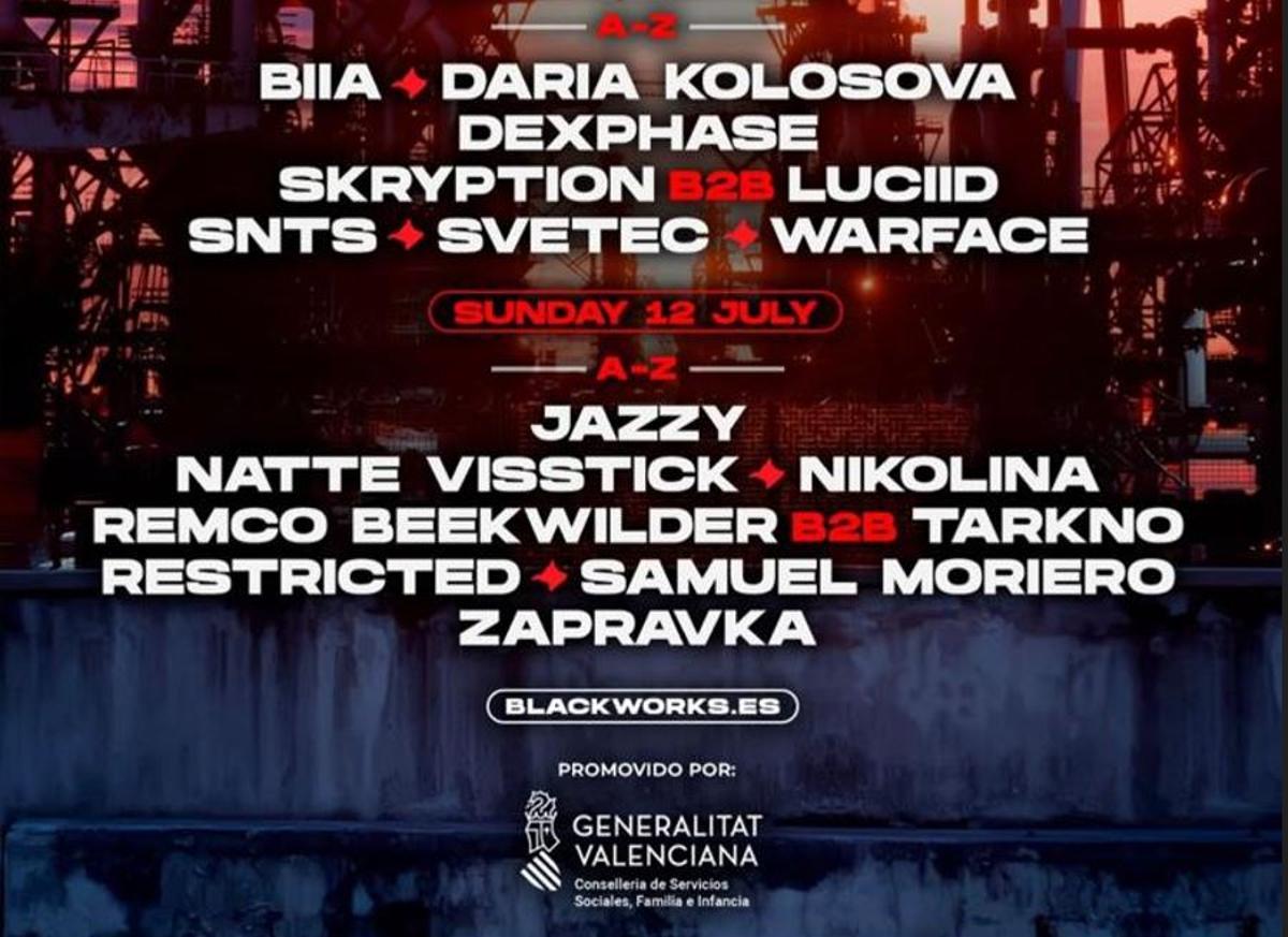 Cartel del festival Blackworks con el patrocinio de la Generalitat y la conselleria de Servicios Sociales, Familia e Infancia.