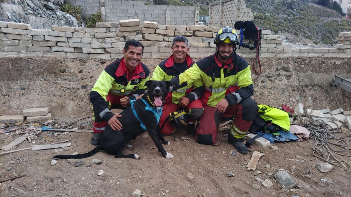 Los bomberos con el perro rescatado