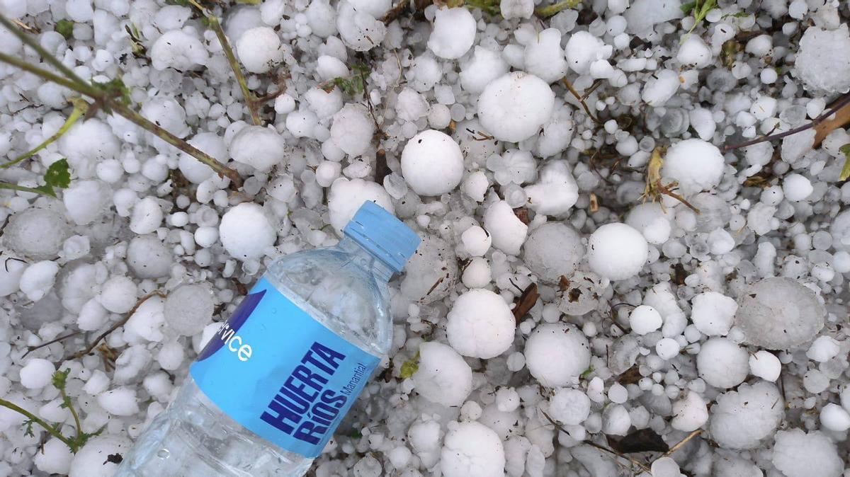 Detalle del granizo caído este fin de semana en un campo de la Región.