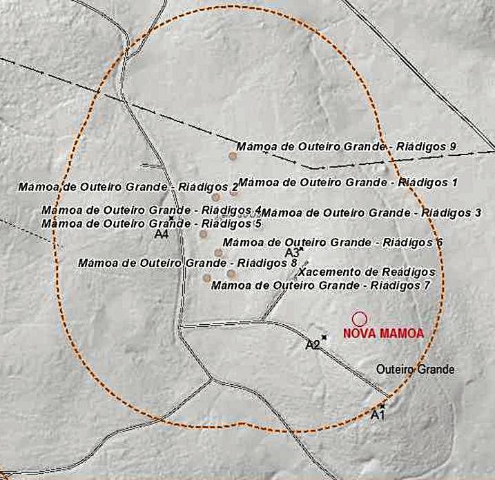 Necrópole megalítica das Brañas de Abonxo, na cartografía da Xunta, co emprazamento da nova mámoa.