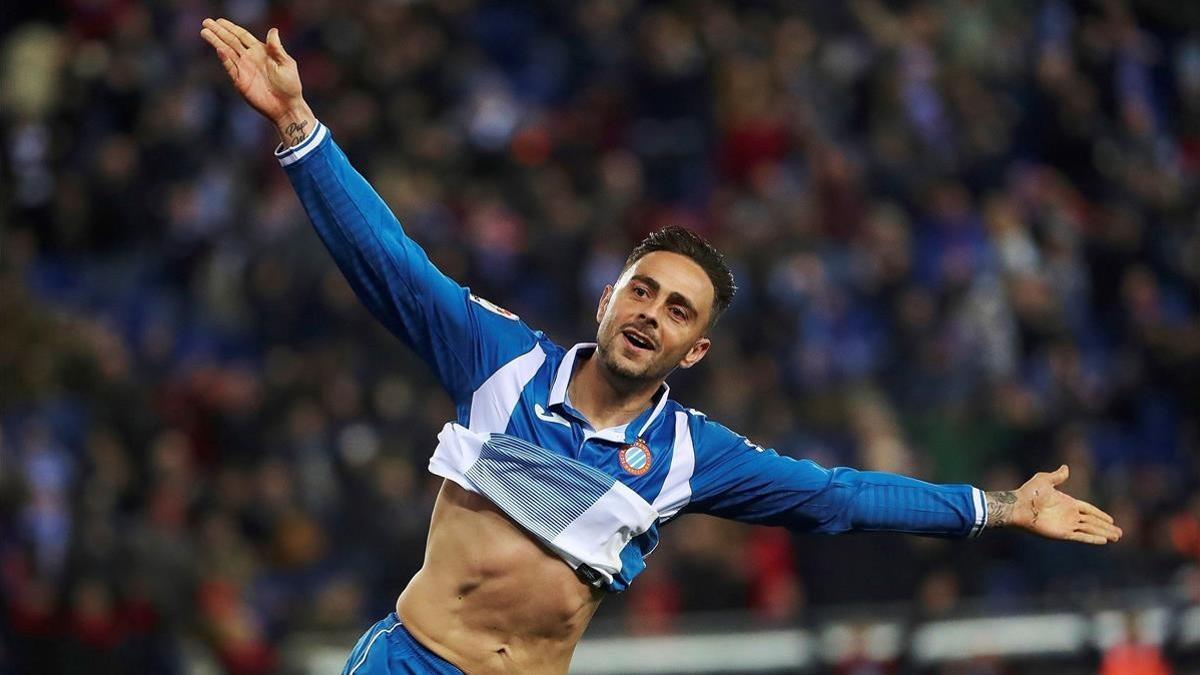 Sergio García celebra el gol de la victoria del Espanyol ante el Atlético.