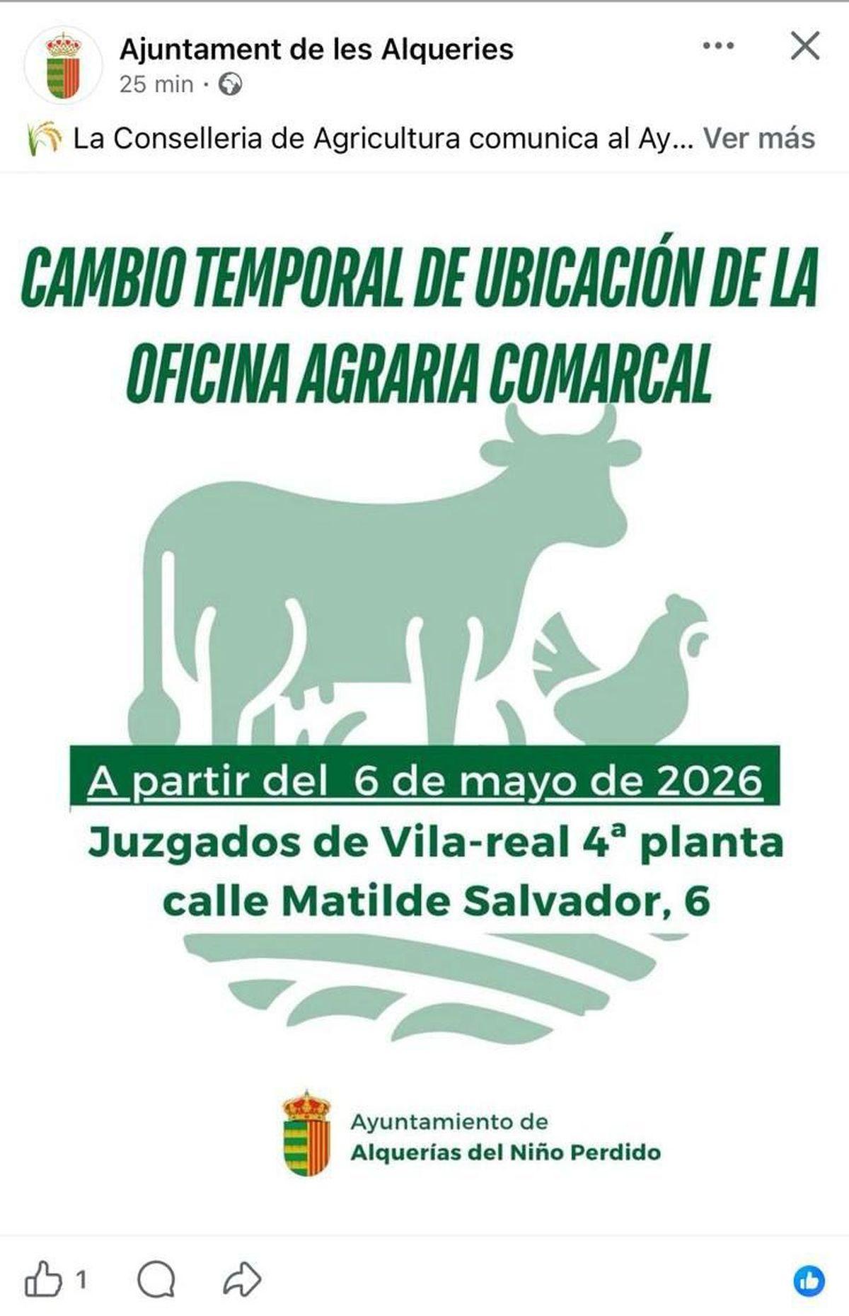 El Ayuntamiento de les Alqueries ya poublicó días atrás en sus redes el traslado de la Oficina Comarcal Agraria al Palau de Justícia de Vila-real.