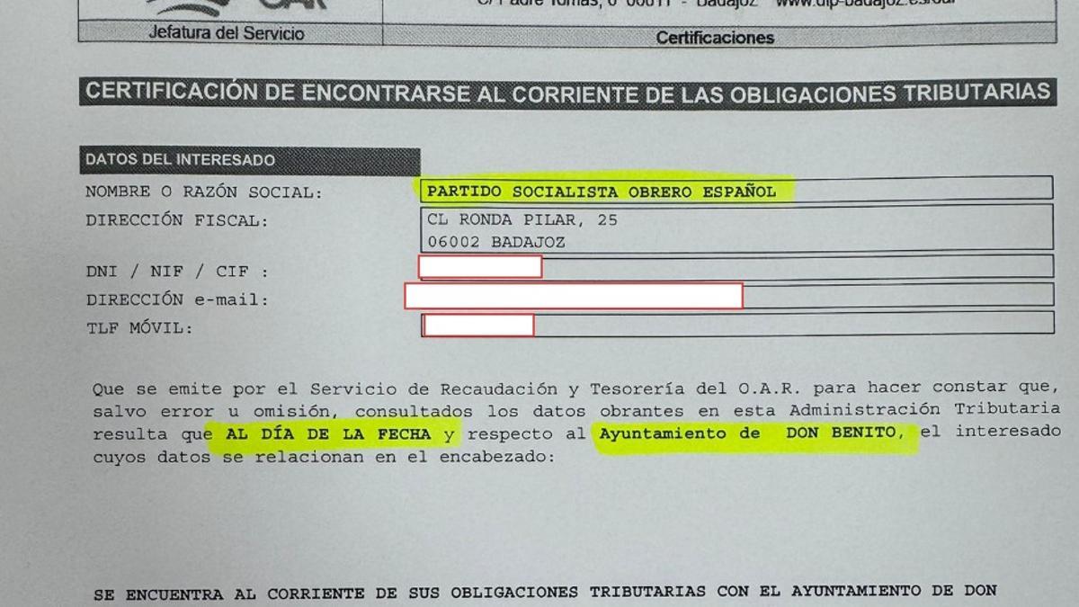 Documento justificativo de la ausencia de deudas con el OAR por parte del PSOEde Don Benito.