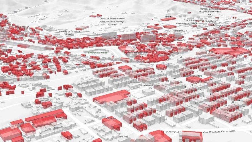 El plano en 3D que muestra el alcance de la destrucción de edificios por el terremoto en Venezuela