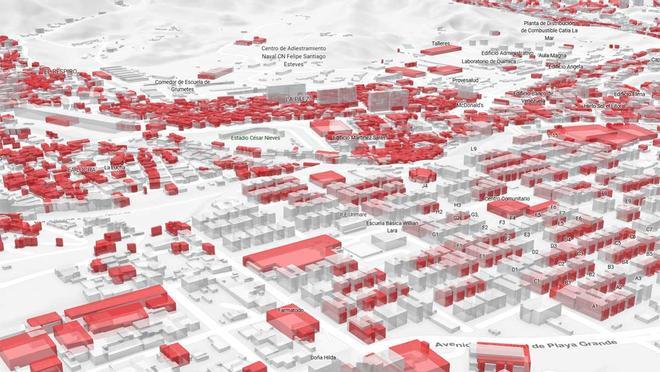 El plano en 3D que muestra el alcance de la destrucción de edificios por el terremoto en Venezuela