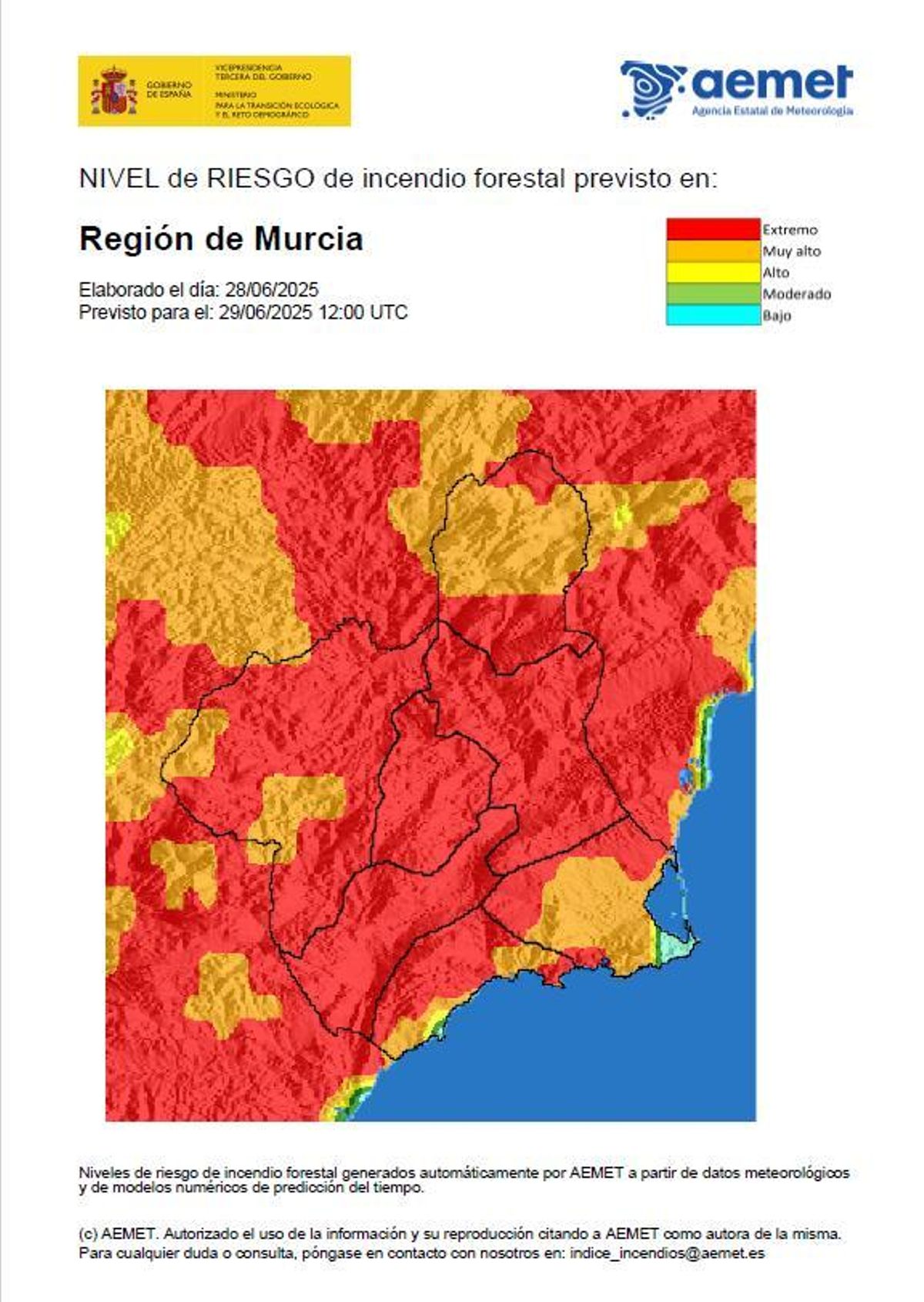 Mapa del nivel de riesgo forestal este domingo.