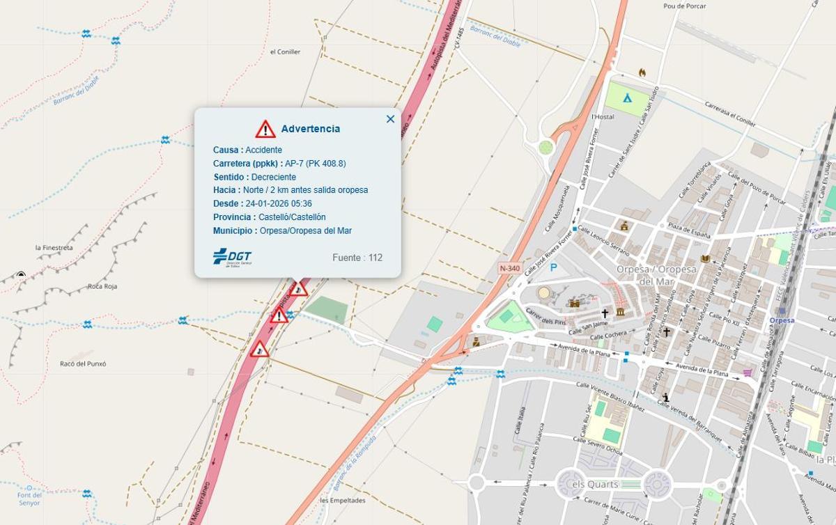 Aviso de la DGT del accidente en Orpesa